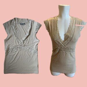 b.young Lace Babydoll Top – Beige Ribbed Y2K Style, Size M
